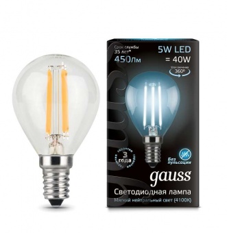 Лампа светодиодная Filament Шар E14 5Вт 4100К GAUSS 105801205
