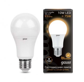 Лампа светодиодная LED A60 10Вт E27 3000К Gauss 102502110